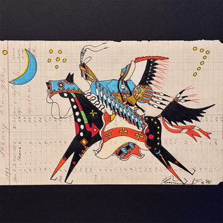 Terrance Guardipee "Running Eagle Guided by Mother Moon" Ledger Art Artwork - Picayune Cellars & Mercantile