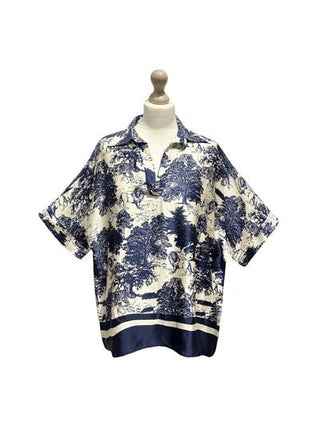 Toile de Jouy Print Short - Sleeved Blouse Women's Apparel - Picayune Cellars & Mercantile