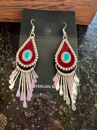 Silver, Leather and Turquoise Teardrop Earrings
