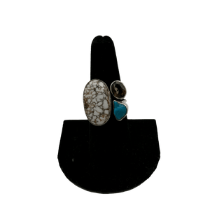 Wild Horse, Turquoise & Smoky Quartz Triple Stone Adjustable Ring Rings - Picayune Cellars & Mercantile