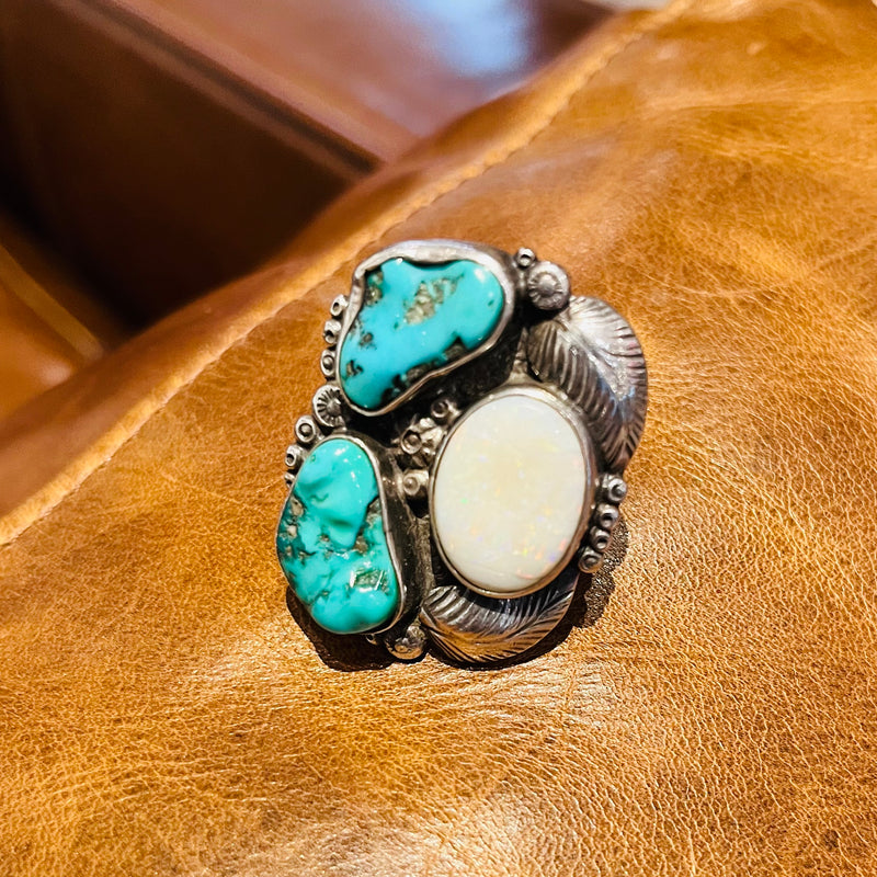 Vintage Turquoise, Opal, Feather Ring