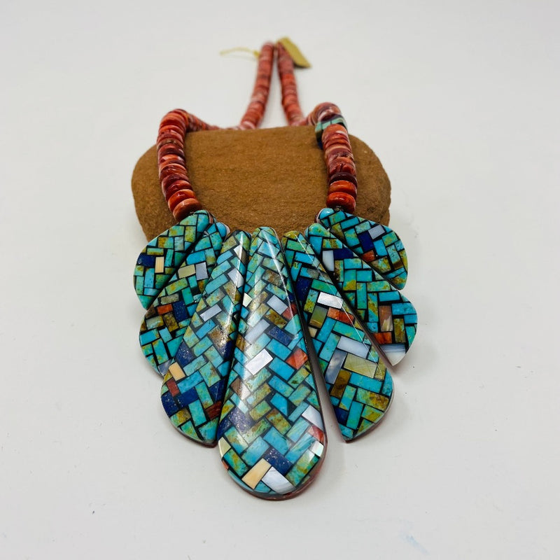 Double Sided Mosaic Necklace - Turquoise and Spiny Oyster