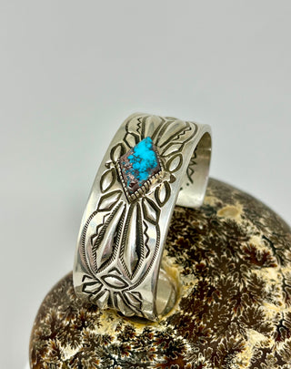 Ray Adakai Hand Stamped Sterling Silver Cuff with Turquoise