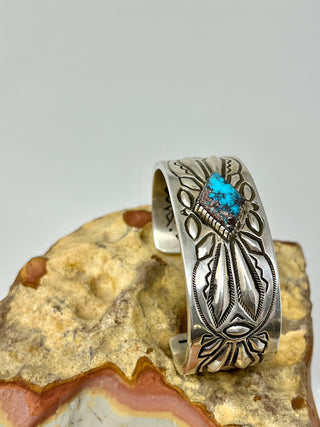 Ray Adakai Hand Stamped Sterling Silver Cuff with Turquoise