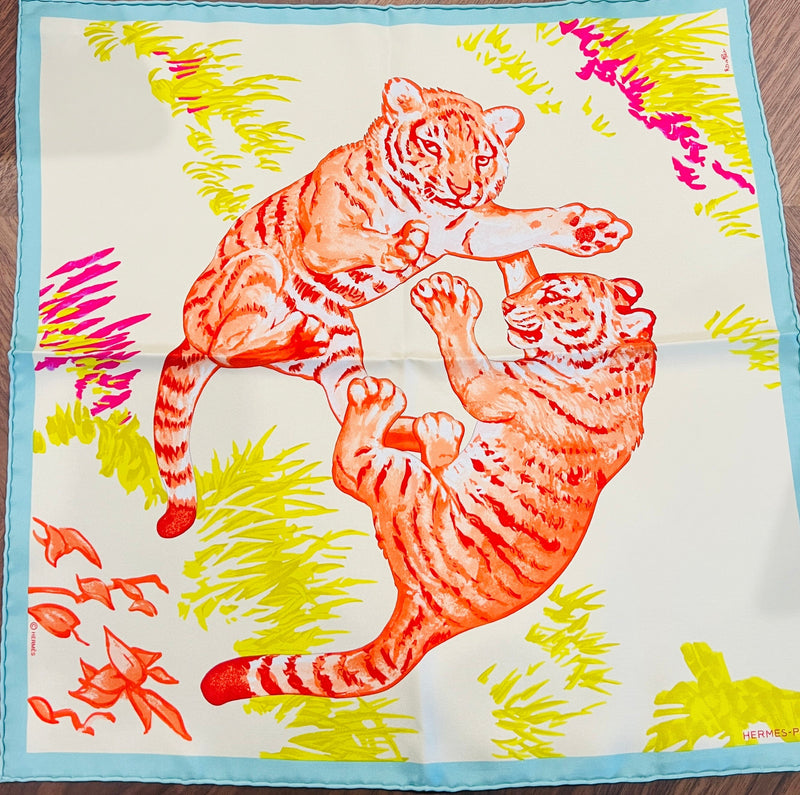 New Hermes White Tiger Cubs Small Scarf in Box